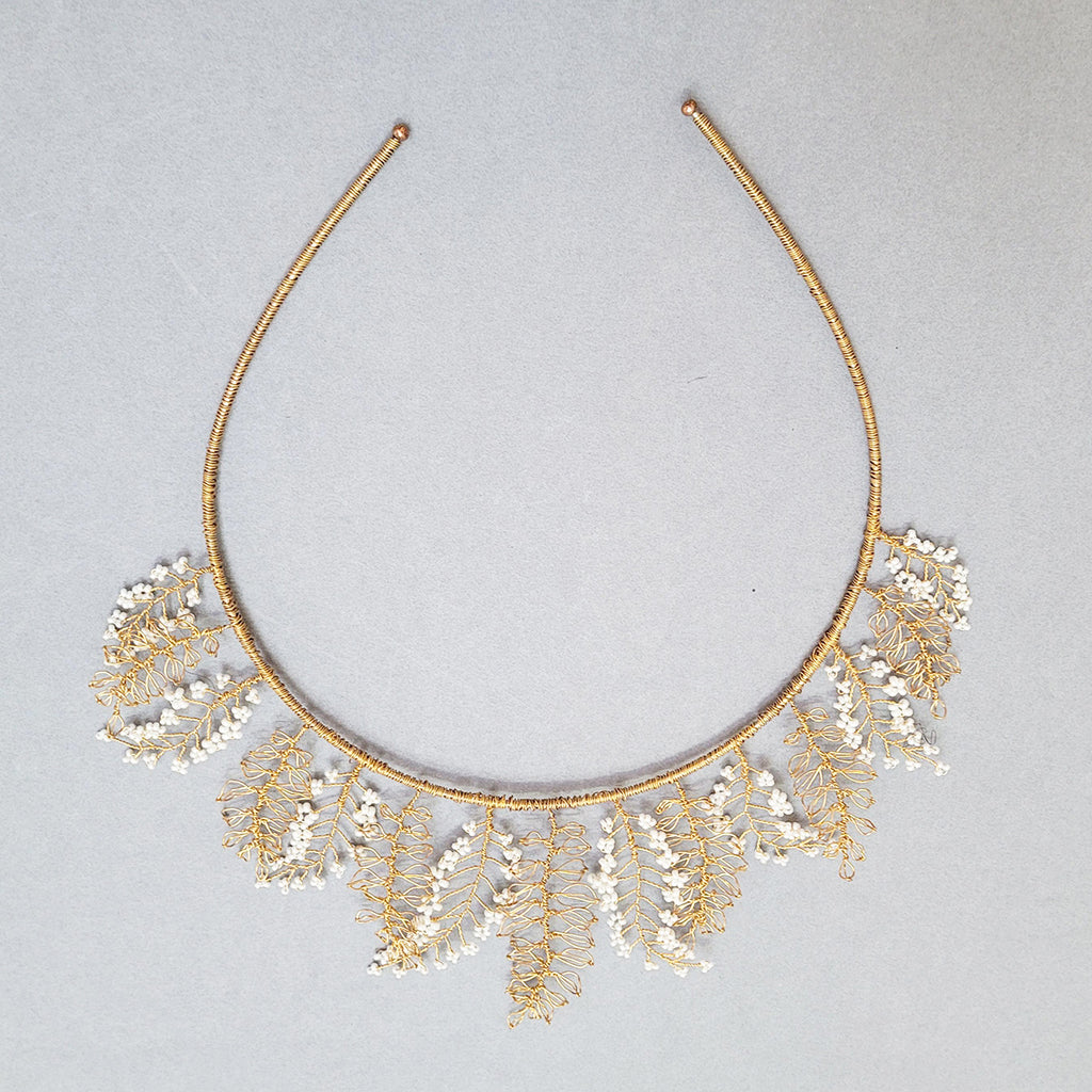 gold wire and white beads bridal crown by judith brown bridal to buy from Bluecoat Display Centre Liverpool