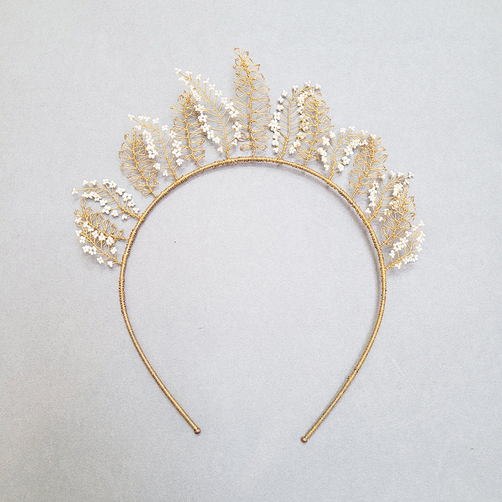 gold wire and white beads bridal crown by judith brown bridal