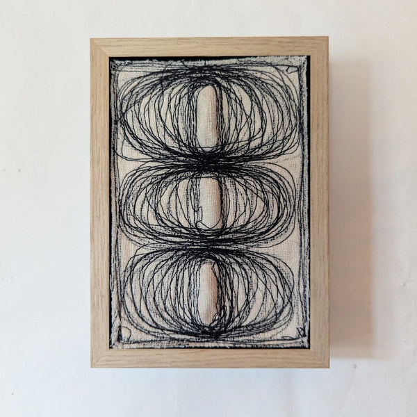 textile design with monochromatic stitches and fabric, creating three ovals that pop out of the canvas by Contemporary irish textile artist Patricia Kelly