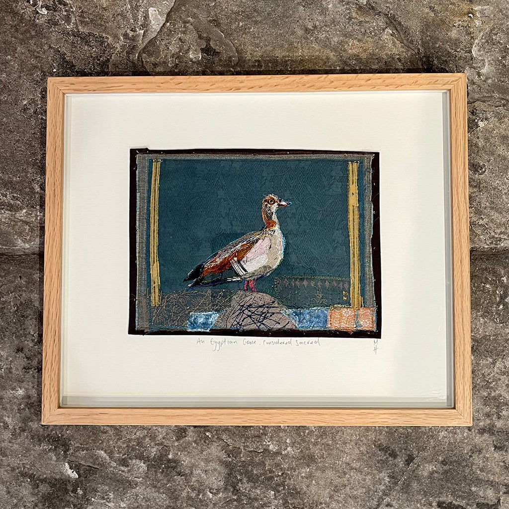 Machine & Hand Embroidery Textile Art 'Egyptian Goose' by Michelle Holmes in a wooden frame from the Bluecoat Display Centre Liverpool, a contemporary gallery and craft centre, selling worldwide