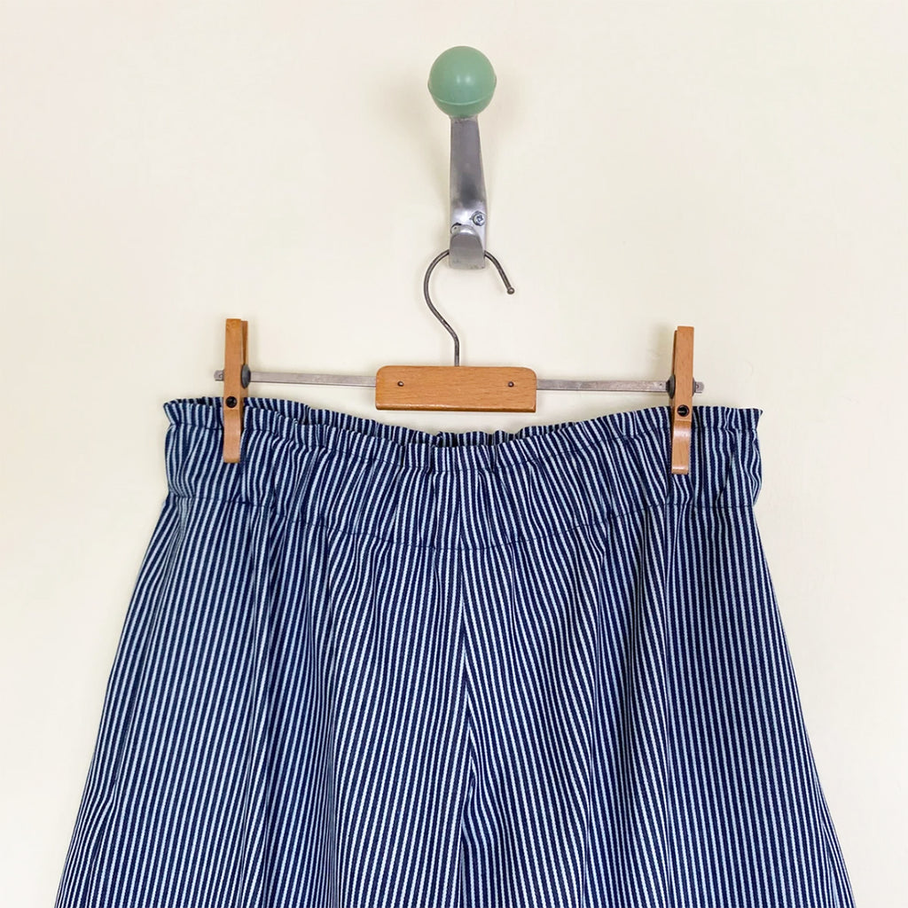 Close up photo of Wide Leg 3/4 length trousers in beautiful 8 oz organic Navy & Natural Stripe Denim, a really wide leg and side seam pockets with ruched elasticated with elasticated waistband and side seam pockets.