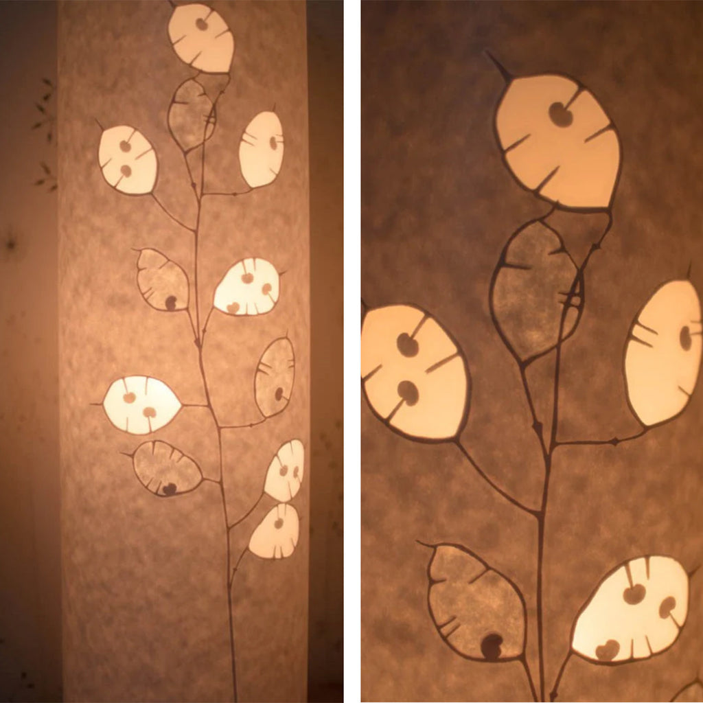 detail of Nature inspired paper cut table lamp featuring wild honesty by Hannah Nunn