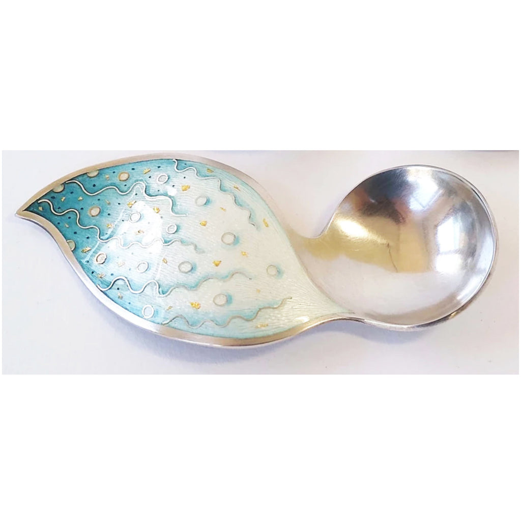 'Fizz' Spoon - this beautiful piece is formed by hand with hammers, and the enamel area on the handle is then hand engraved. Following from this the piece is enamelled and cloisonné wires alongside painted enamel details complete the design. By contemporary Silversmith Ruth Ball