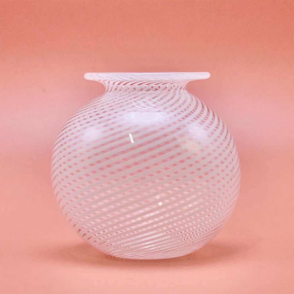 large round glass vase by Benefield Spencer Glass with the distinctive filigrana style of blown glass with an alternating pattern of clear and white canes, which originated on the island of Murano in the 16th Century.