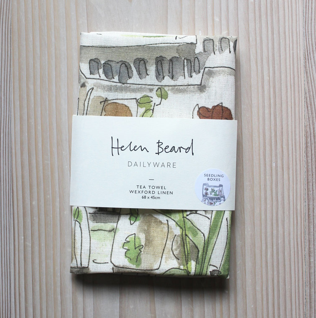 Packaged ‘Seedling Boxes’ Tea Towel which shows images sketched by Helen on a visit to an old English garden, during the early months of Spring. Helen Beard Dailyware is a range of English made homewares designed for everyday use.
