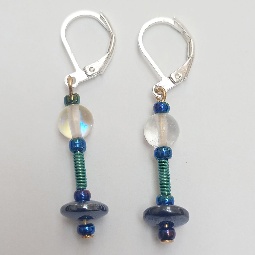 These beautiful dyed quartz single bead earrings include green jewellery wire and various glass beads, giving an overall green and blue colourway