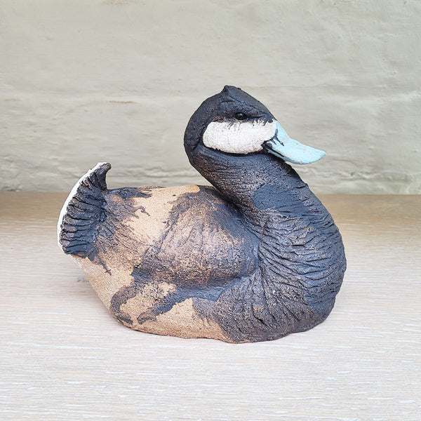 Blue Bill Duck sculpture by contemporary ceramicist Guy Holder, hand sculpted and then delicately decorated by hand
