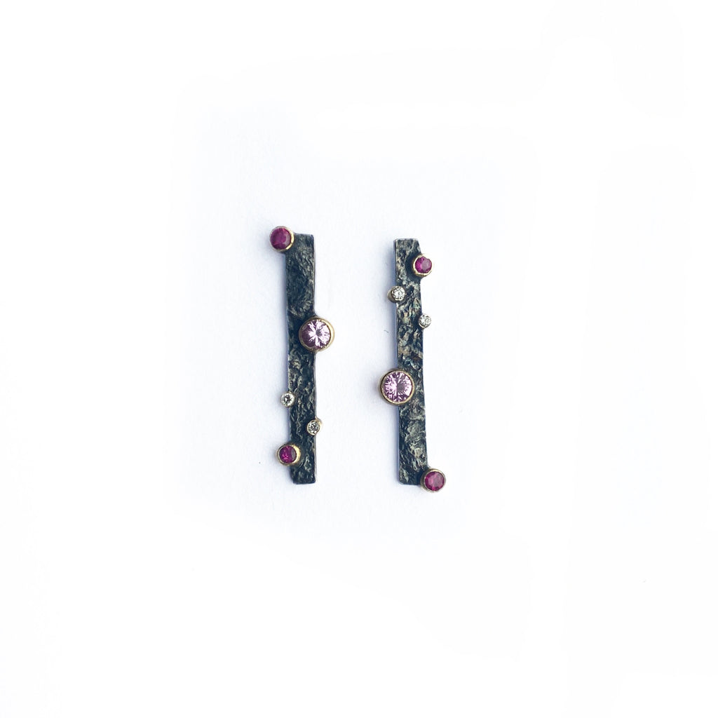 sterling silver drop studs with texture and pink sapphire, ruby and lab diamonds by Contemporary Jeweller Sam Holmes