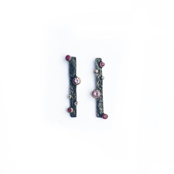 sterling silver drop studs with texture and pink sapphire, ruby and lab diamonds by Contemporary Jeweller Sam Holmes