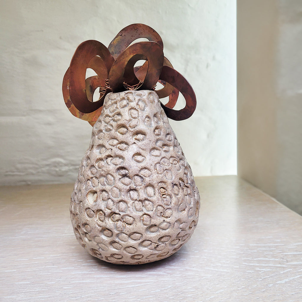 rear view of Contemporary ceramic and copper vessel by Sarah Kirk