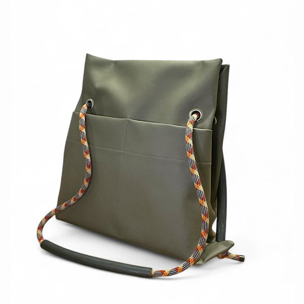Olive grey backpack bag with colorful strap made from faux leather by Studio Ditto