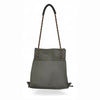 Olive grey backpack bag shown hanging with colorful strap made from faux leather by Studio Ditto