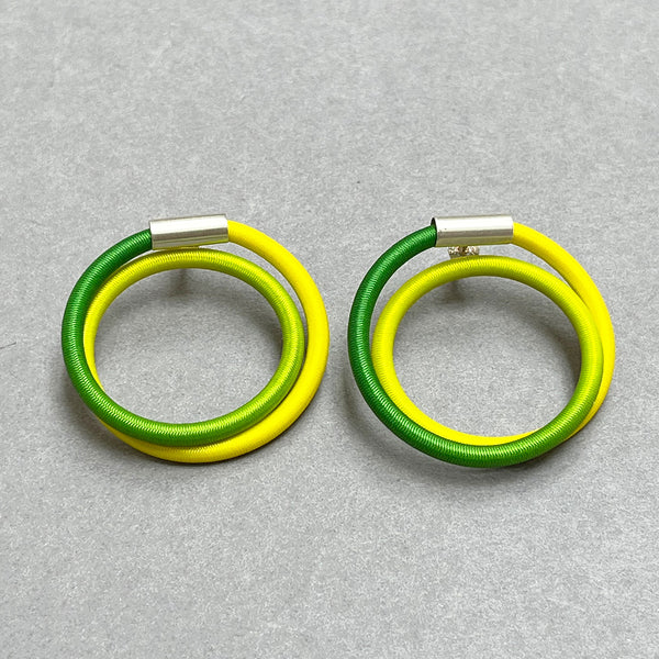 Double Loop Lemon & Lime earstuds by Gilly Langton in silver and hand dyed elastic 