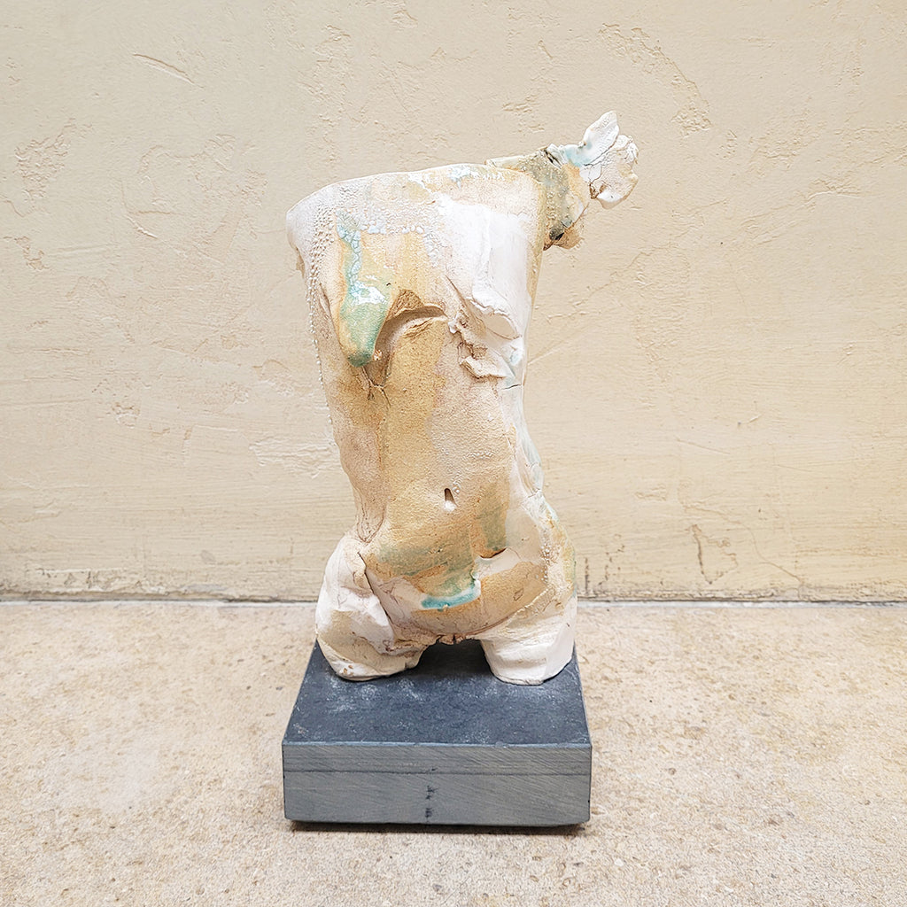 Johnny Vegas Female torso sculpted from porcelain with oxides and celadon glaze.  Mounted on a slate base.