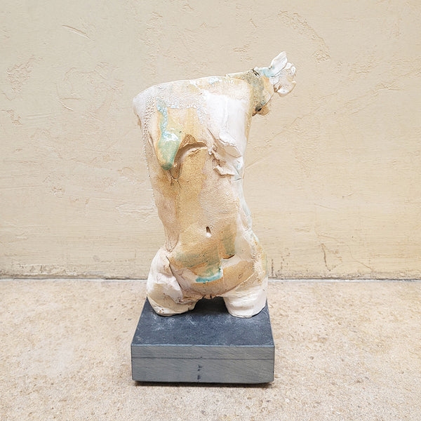 Johnny Vegas Female torso sculpted from porcelain with oxides and celadon glaze.  Mounted on a slate base.