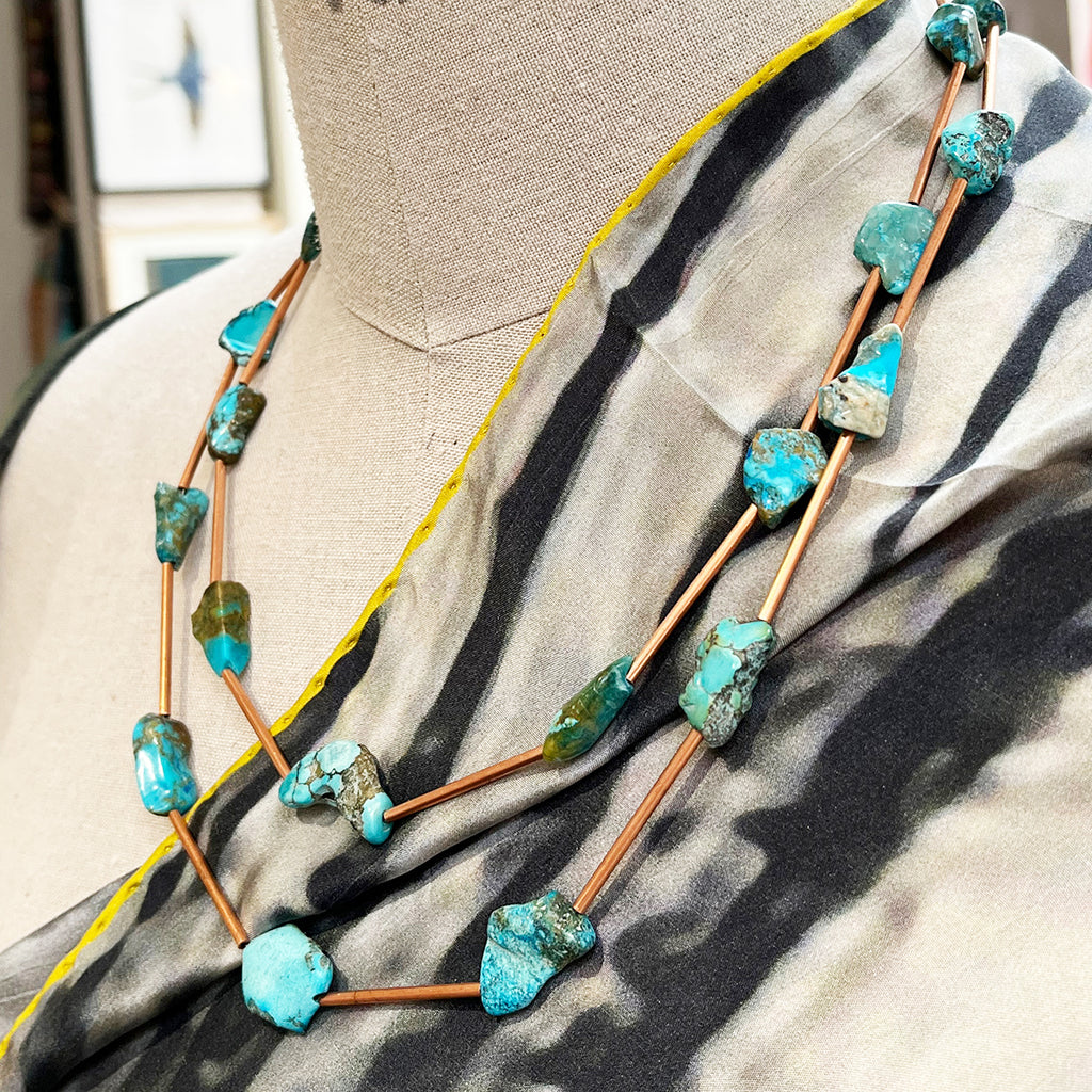 Turquoise and copper necklace with a handmade copper catch by Liverpool maker Kate Moult. This is a gorgeous double stranded necklace.