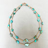 Turquoise and copper necklace with a handmade copper catch by Liverpool maker Kate Moult. This is a gorgeous double stranded necklace photographed on a grey background 