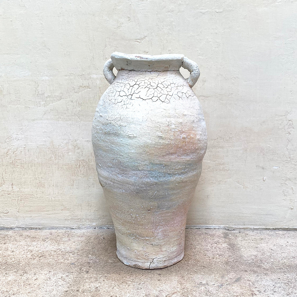 pale ballclay stoneware vase with a crackled texture and two small handles at the sides by contemporary ceramicist John Kershaw