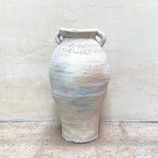 pale ballclay stoneware vase with a crackled texture and two small handles at the sides by contemporary ceramicist John Kershaw