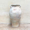 rear view of pale ballclay stoneware vase with a crackled texture and two small handles at the sides by contemporary ceramicist John Kershaw