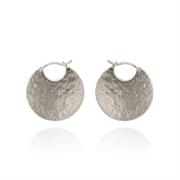 Large Disc hoop earrings in Sterling Silver by contemporary jeweller Cara Tonkin
