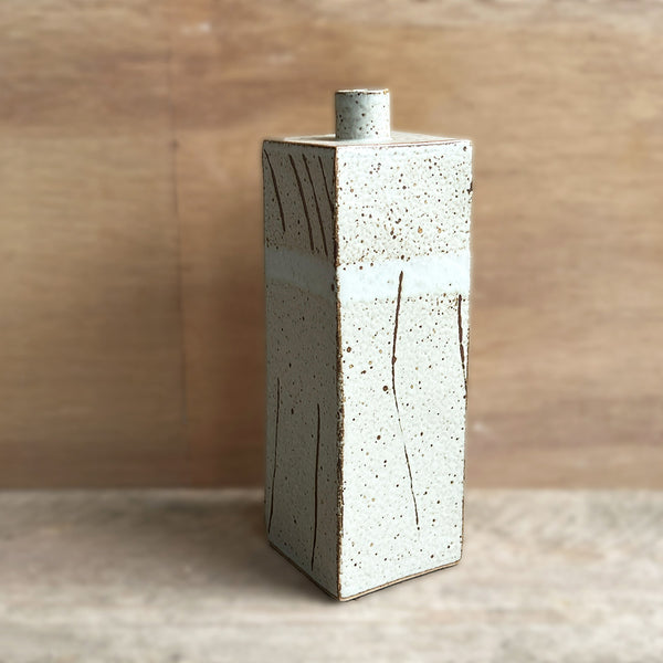 hand built rectangular large vase, gas reduction fired stoneware with found clay inlay and wood ash glaze by contemporary ceramicist Hannah Sulek