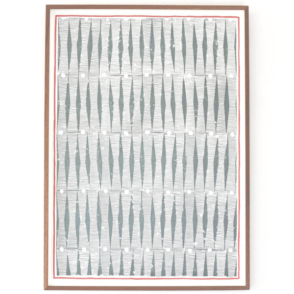 Abstract art print with geometric patternin grey white and red. By artist Louisa Loakes 