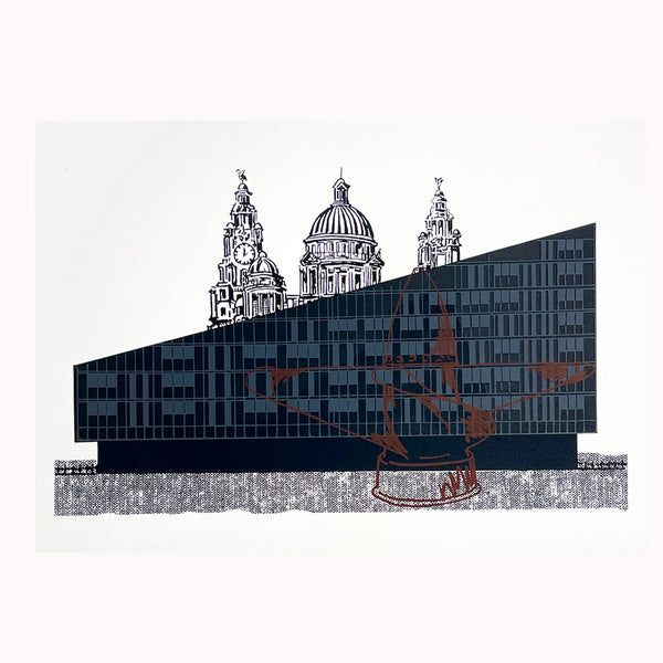 Print of Mann Island Liverpool by Alun Evans made up of four hand drawn sheets of kodatrace which are then photo processed onto the screens