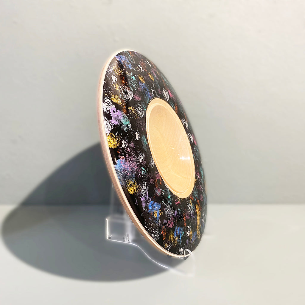 Side View of Maple turned wooden bowl  painted using acrylic to resemble a celestial scene, then coated with a lacquer finish and polished  by Bernie Yates