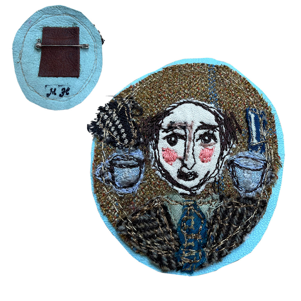 Earl Grey Portrait Textile Art Brooch by Michelle Holmes featured artist at The Bluecoat Display Centre in Liverpool - a contemporary crafts and design gallery and shop