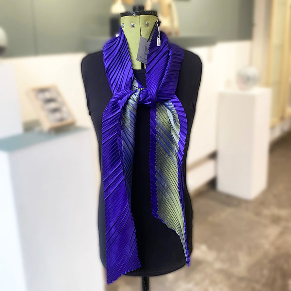 Mannequin wearing knotted statement noon  scarf in Purple/Indigo by Nawal Gebreel at the Bluecoat Display Centre