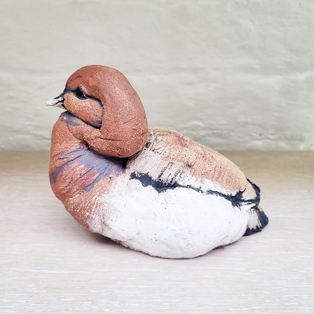 side view of Red Neck Duck sculpture by Guy Holder, hand sculpted and then delicately decorated by hand. A contemporary Ceramic piece available from the Bluecoat Display Centre