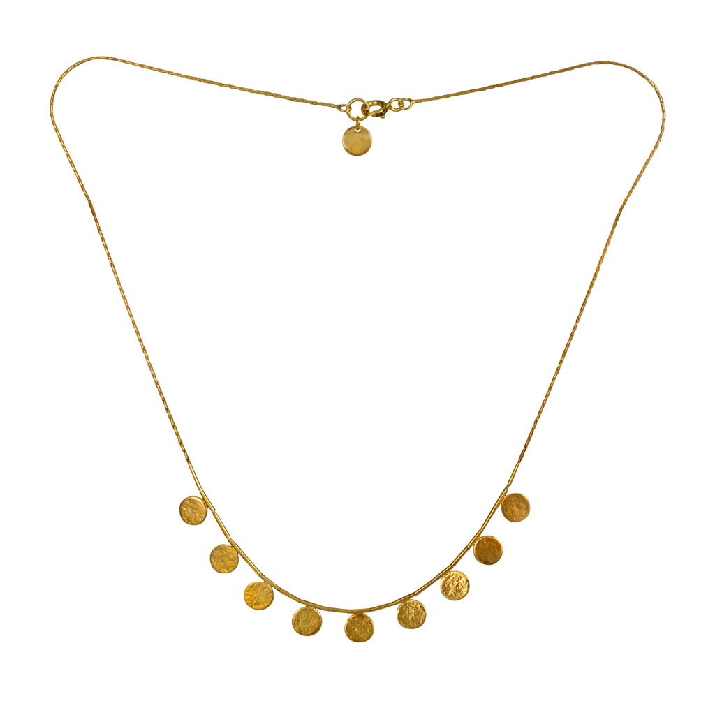 stunning short delicate necklace  with golden discs made of sterling silver with a gold vermeil finish by contemporary jeweller Cara Tonkin