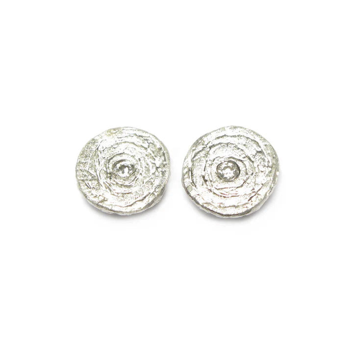 etched silver ear studs set with 0.02ct diamonds with a post and scroll backs by Contemporary jeweller Diana Porter 