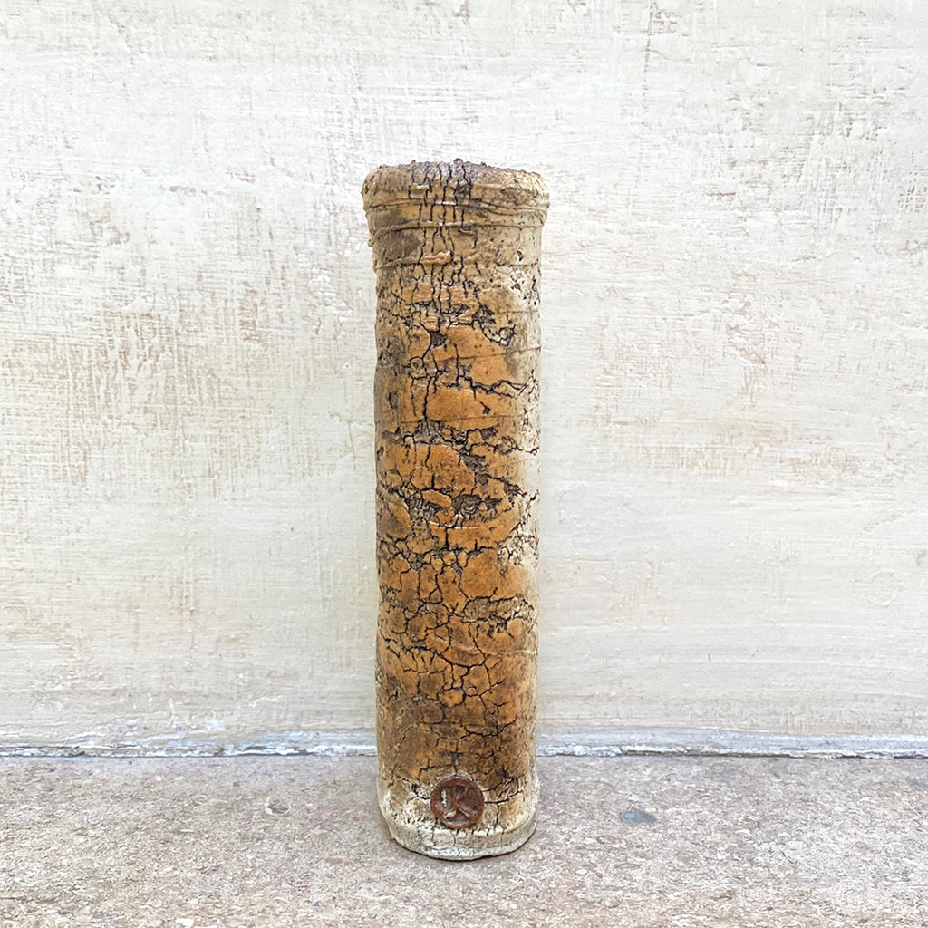 A rough textured flat vase, stamped with John Kershaw’s signature stamp