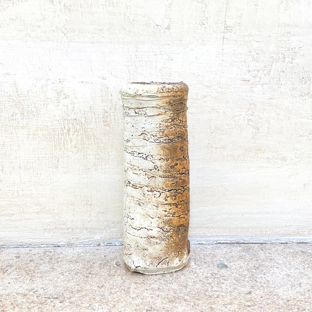 A rough textured stoneware flat vase, stamped by John Kershaw contemporary ceramicist