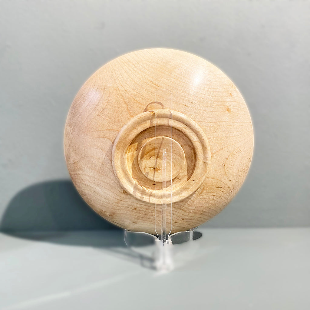 rear view of turned Sycamore bowl  hand painted using acrylic to resemble a celestial scene, then coated with a lacquer finish and polished by Bernie Yates