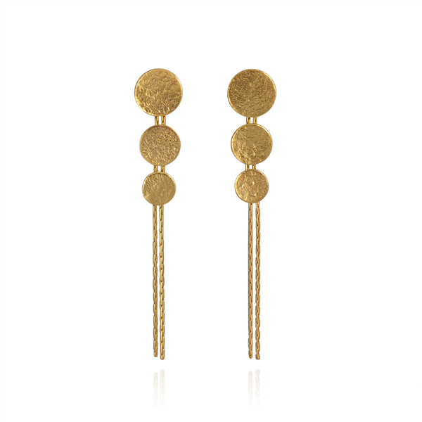 triple disc drop earrings in a beautiful gold vermeil finish by contemporary jeweller Cara Tonkin
