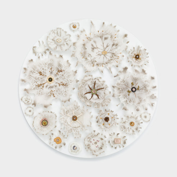 Exquisite wall panel by glass artist Verity Pulford, combining pate de verre glass and natural found materials, front view. Bluecoat Display Centre
