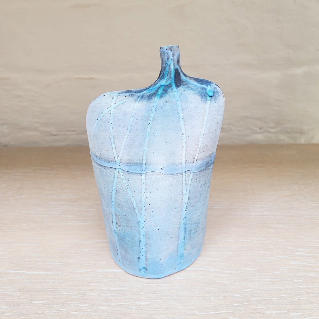 Rear view of Ceramic vase with textured surface - wide woodland bottle by kirsti hannah brown contemporary ceramicist at Bluecoat Display Centre