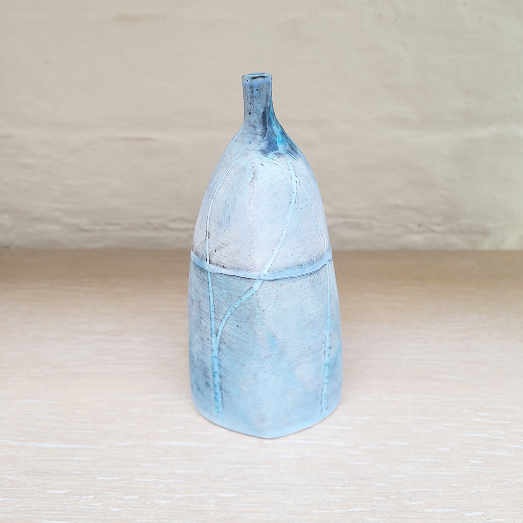 left side view of Ceramic vase with textured surface - wide woodland bottle by kirsti hannah brown contemporary ceramicist at Bluecoat Display Centre