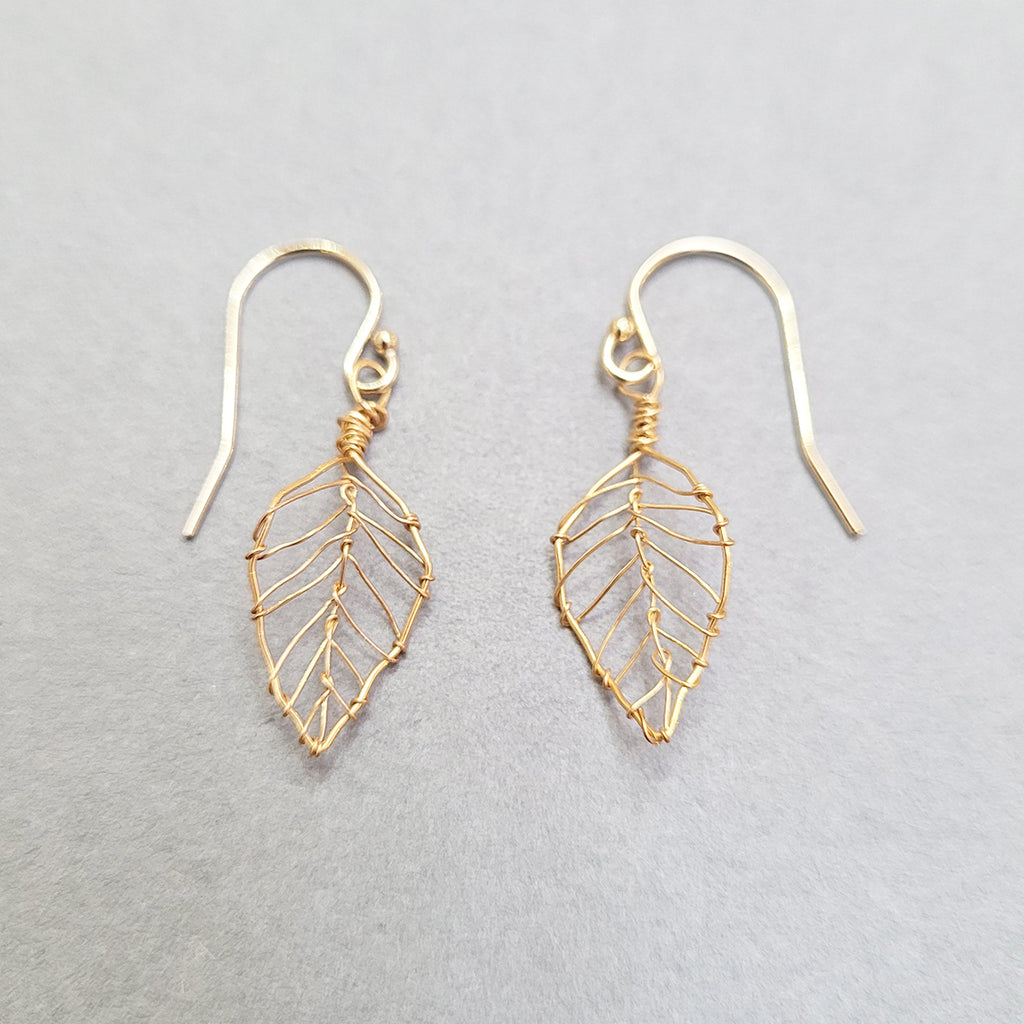 gold plated wire foglia leaf earrings by Judith Brown Bridal perfect wedding day jewellery - the rear of these leaf earrings is shown here