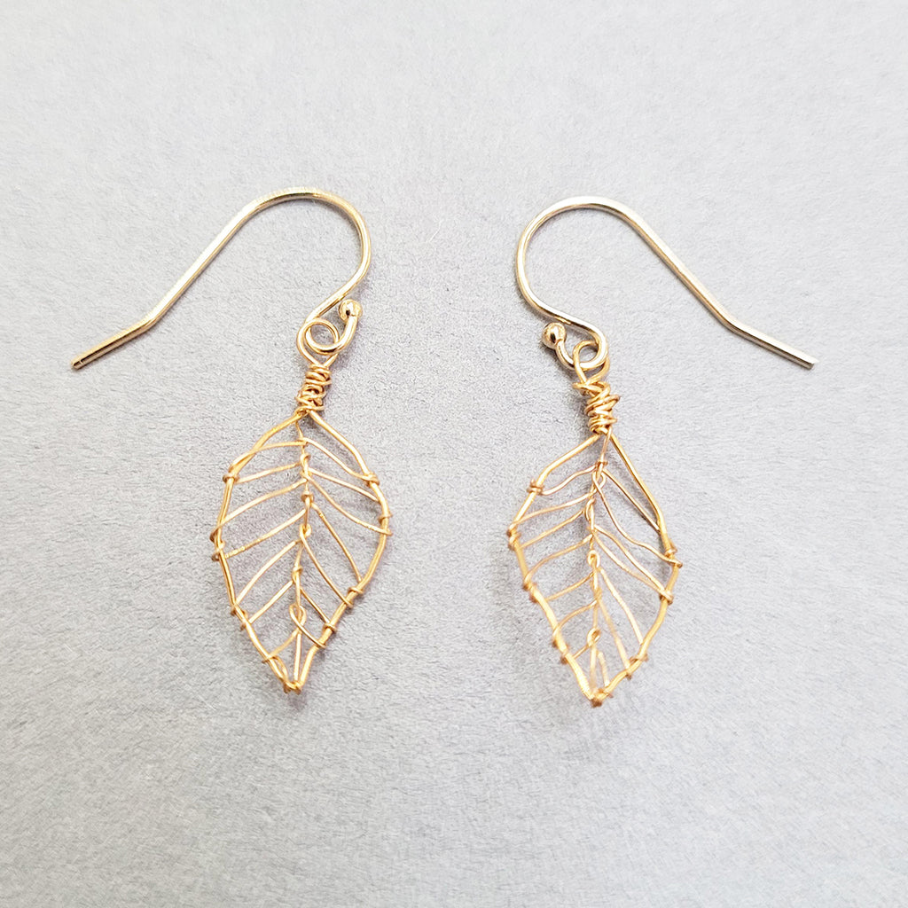 gold plated wire foglia leaf earrings by Judith Brown Bridal perfect wedding day jewellery