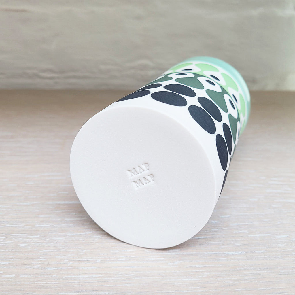 base of green, black and white cylinder vase by Paul and Maree Allitt, contemporary ceramics at the bluecoat display centre.