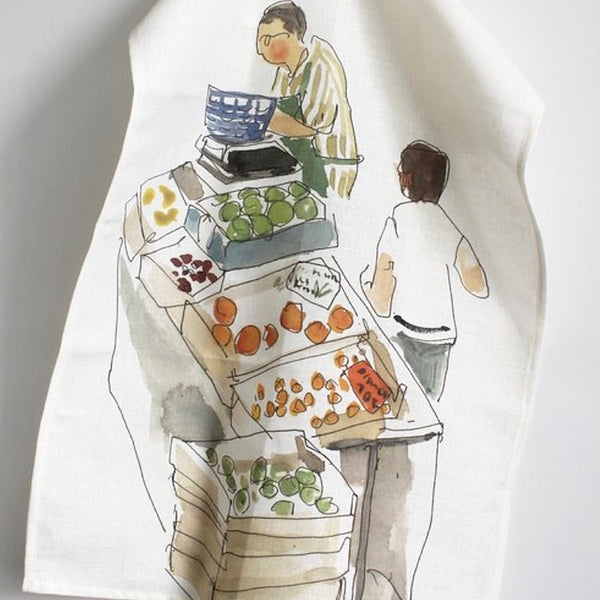 Detail of ‘Market Day in France’ Tea Towel which depicts a stall of fresh produce which Helen regularly visits and sketches during her summer visits to the south of France. Helen Beard's Dailyware is a range of English made homewares designed for everyday use.