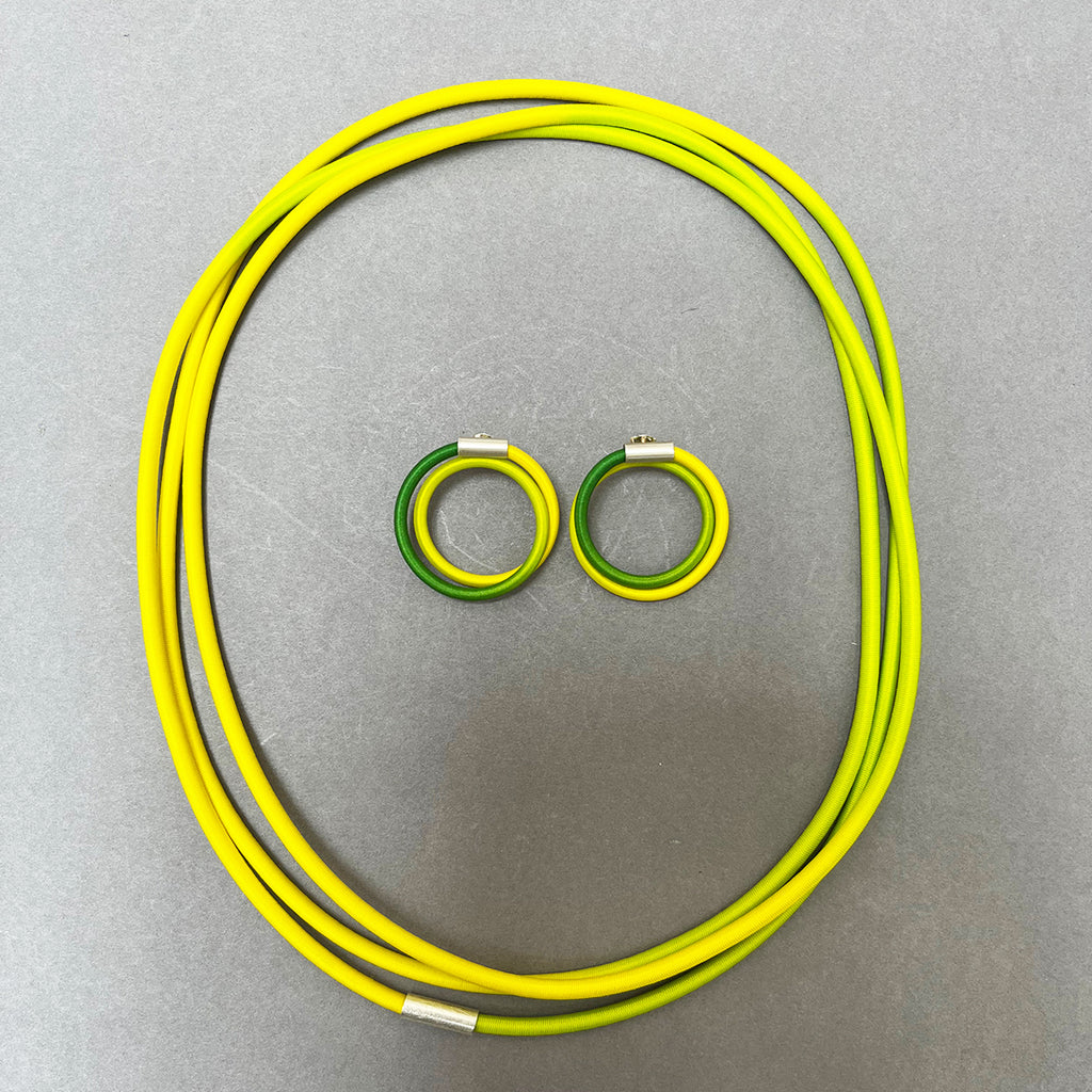 Double Loop Lemon & Lime earstuds by Gilly Langton in silver and hand dyed elastic shown with co-ordinating String necklace by the same artist