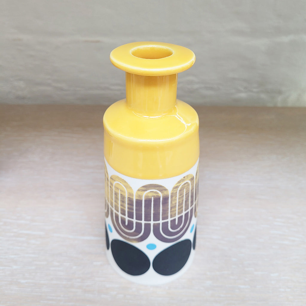 Yellow black and white cone bottle by Maree and Paul Allitt contemporary ceramics from the bluecoat display centre top view